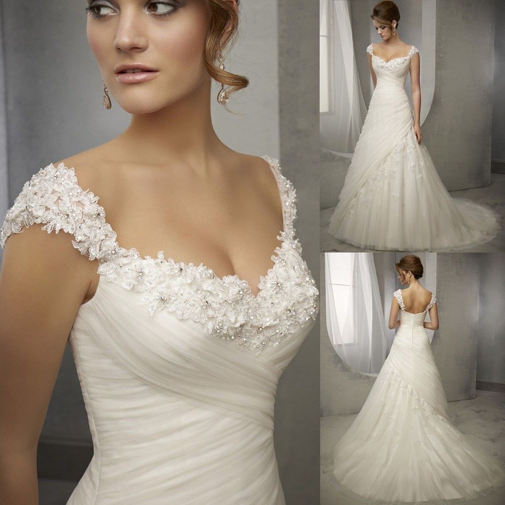 Ebay Wedding Gowns
 Vintage Lace Cap Sleeve Beaded A Line Bridal Wedding