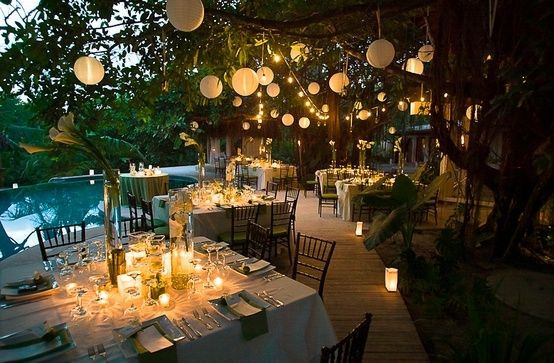 Elegant Pool Party Ideas
 hanging lanterns are a great idea for a wedding
