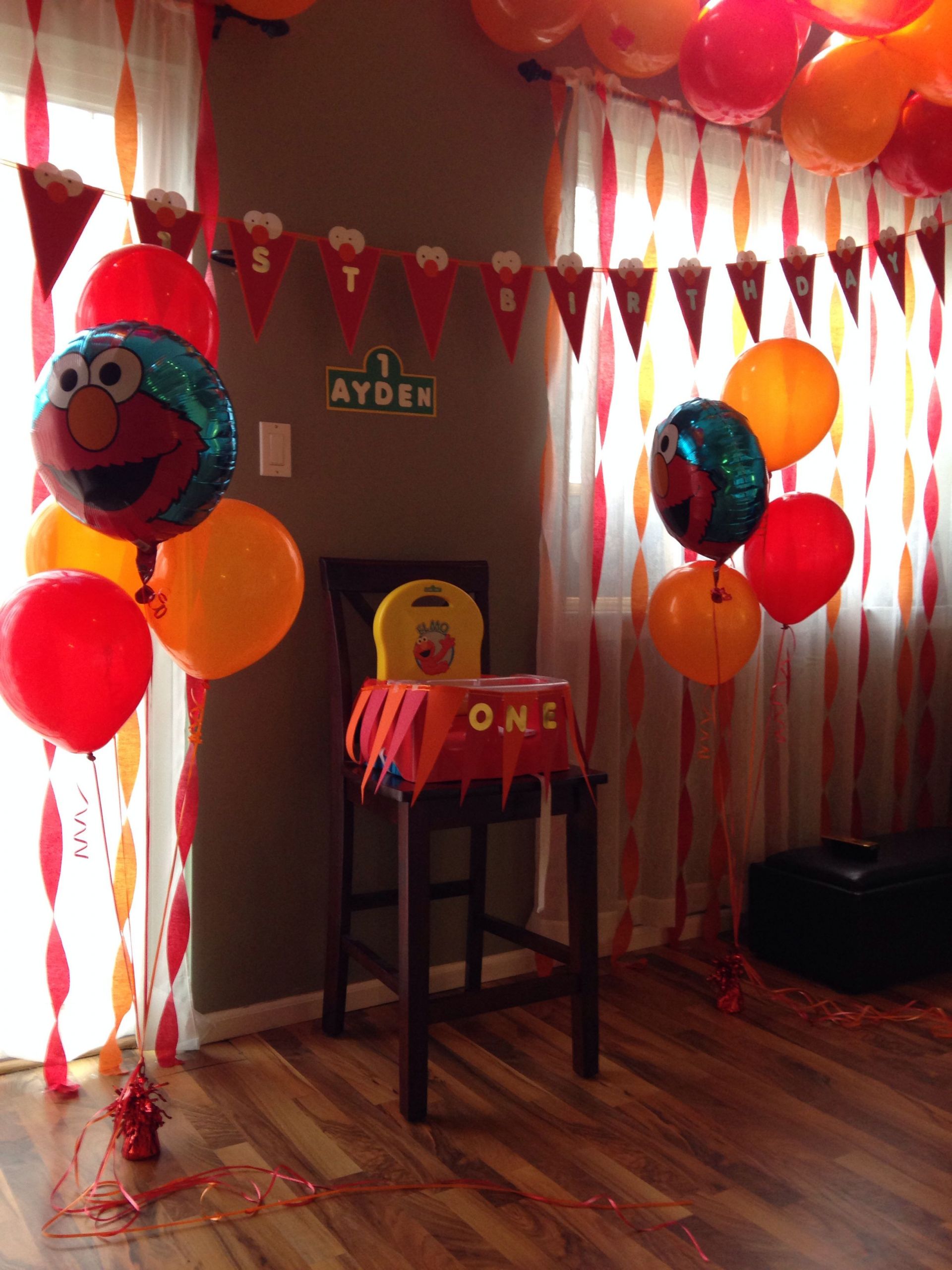 Elmo Decorations For 1st Birthday
 Elmo birthday party balloons decorations high chair one