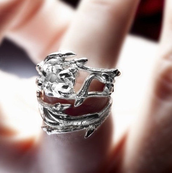 Elvish Wedding Rings
 Elvish Herkimer Diamond ring twigs and natural crystal by