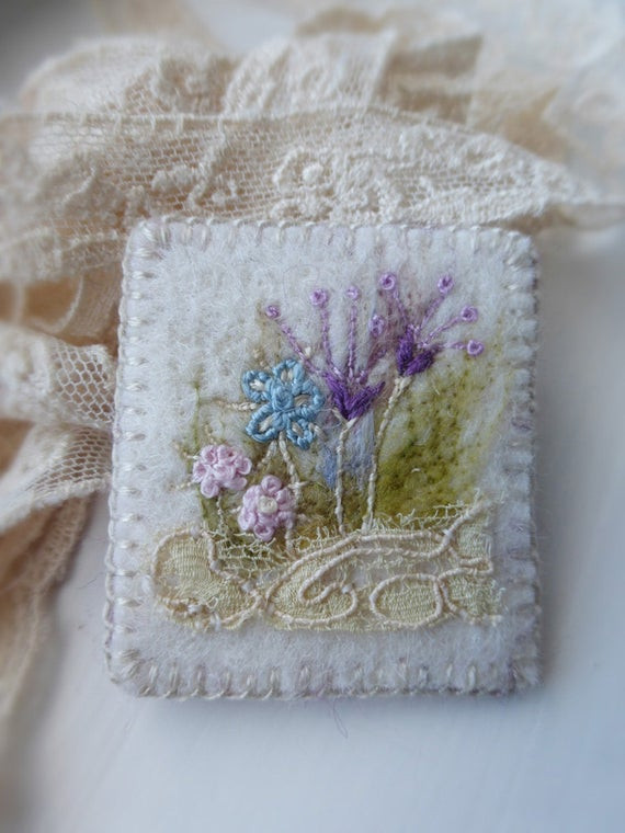 Embroidered Brooches
 Items similar to Embroidered Flowerbed Felt Brooch with