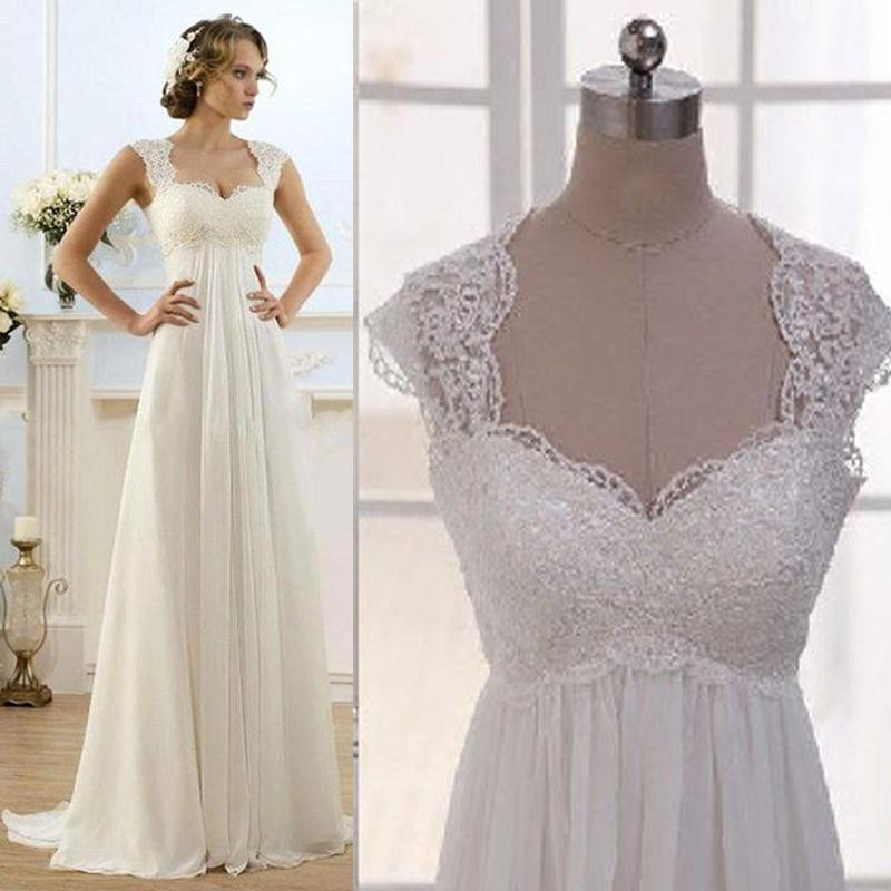 Empire Wedding Dress
 Vintage Modest Wedding Gowns Capped Sleeves Empire Waist