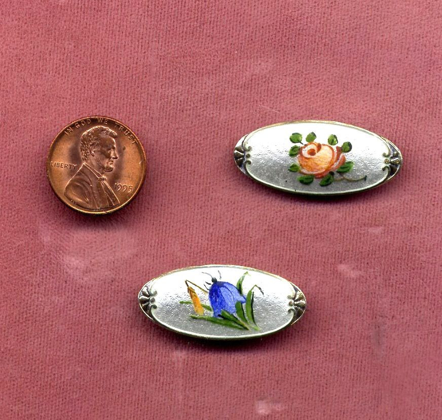 Enamel Pins
 Pair of Sterling Silver Enamel Floral Pins from