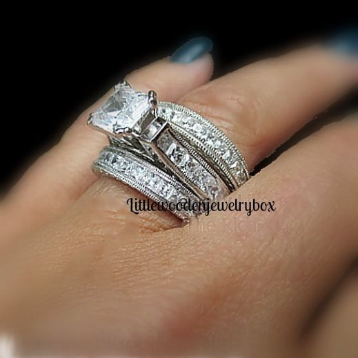Engagement Ring Wedding Band
 14k Sterling Silver Diamond Princess cut Engagement Ring