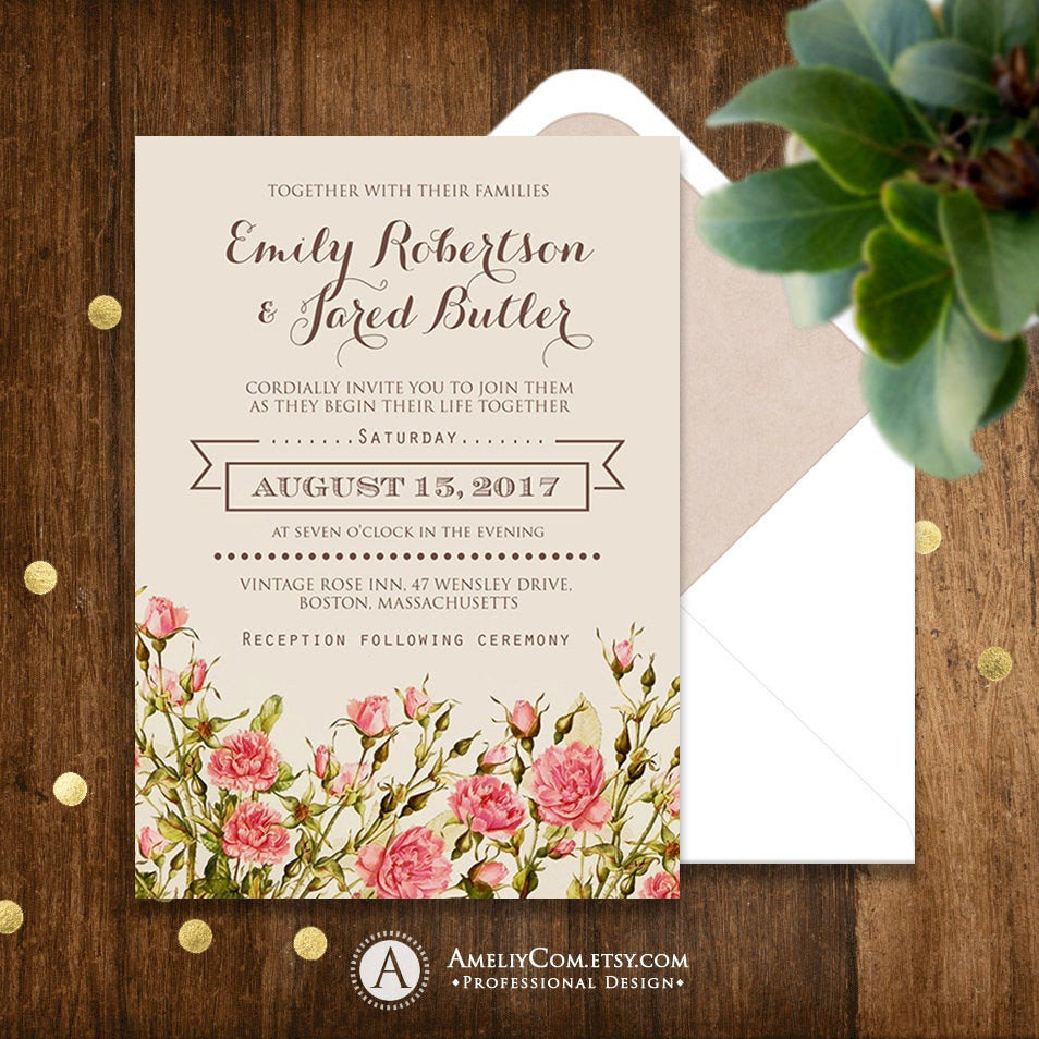 Etsy Rustic Wedding Invitations
 Printable Rustic Wedding Invitation Pink Roses Shabby Chic