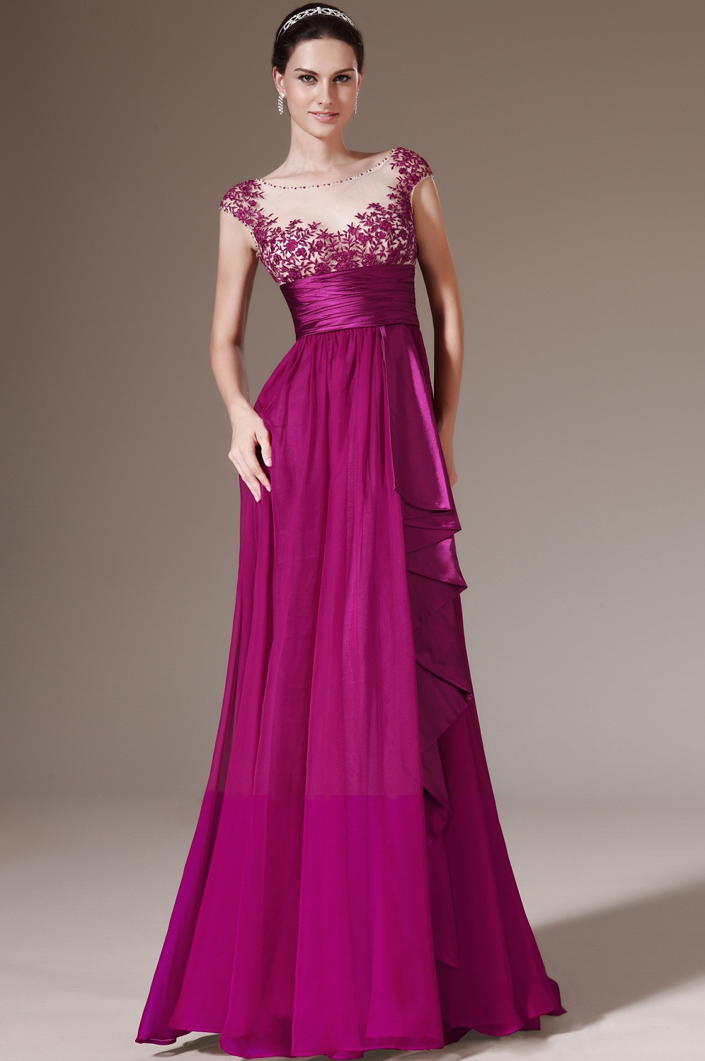 Evening Gowns For Wedding
 Newest Style Cap Sleeves Appliques Empire Sash Purple
