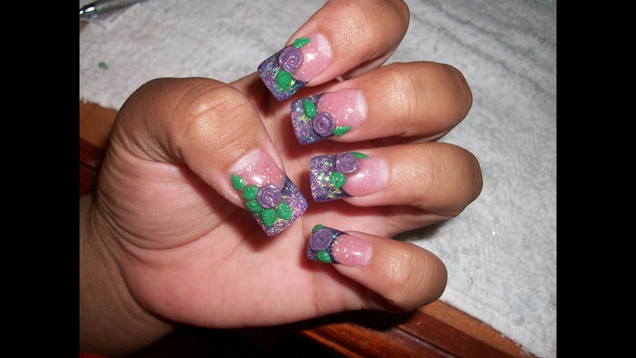 Fading Glitter Nails
 My Acrylic Nails Purple Glitter Fade With 3d Mini Roses