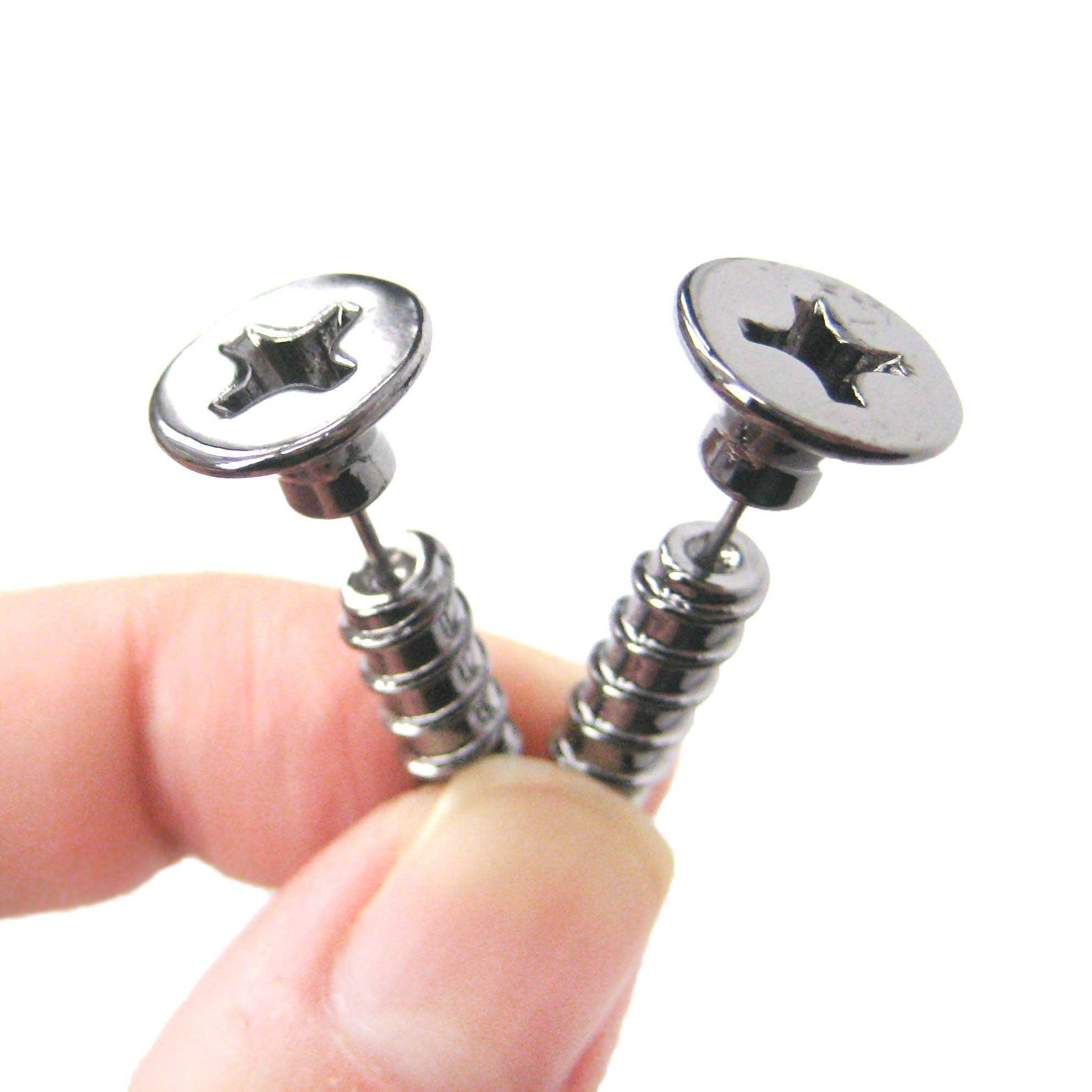 Fake Gage Earrings
 3D Fake Gauge Realistic Nuts and Bolts Screw Stud Earrings