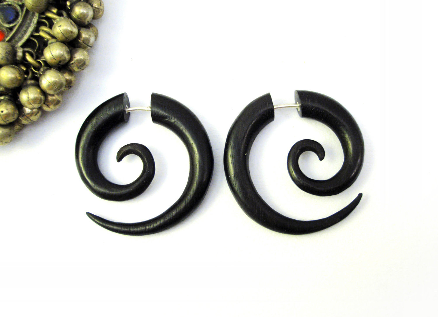 Fake Gage Earrings
 Earrings Fake Gauge Black Wood Earrings Spiral Tribal Earrings