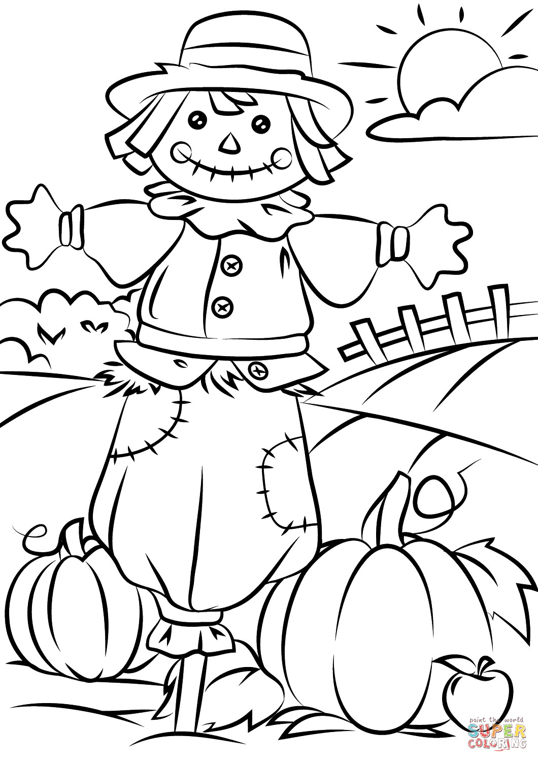 Fall Coloring Pages For Kids
 Autumn Scene with Scarecrow coloring page