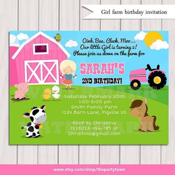 Farm Birthday Invitation
 Girls Farm birthday invitation Girls Barn Animals Pig