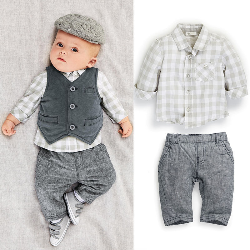 Fashion Baby Boy Clothes
 New Newborn baby boy Grey Waistcoat Pants Shirts