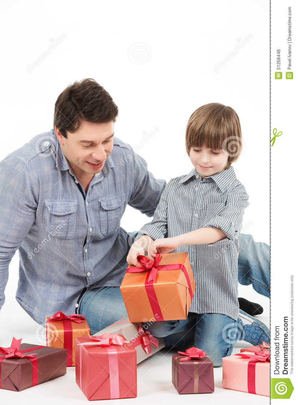 Father Son Christmas Gift Ideas
 Happy Father And Son With Gift Box Stock Image