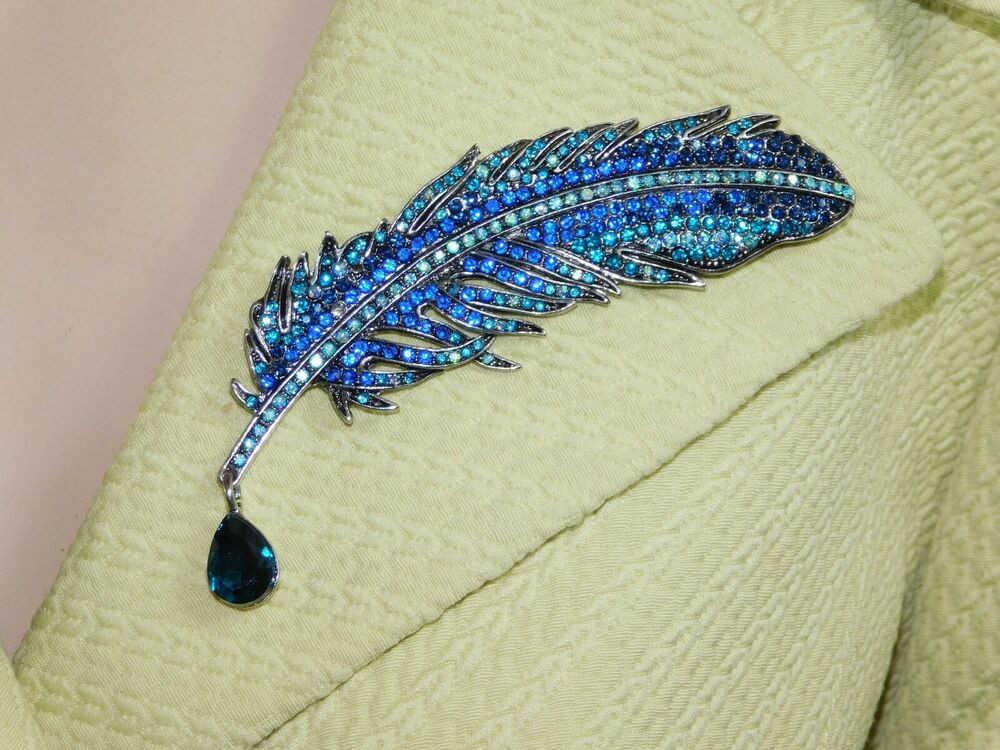 Feather Brooches
 BLUE RHINESTONE DESIGN FEATHER PIN BROOCH WITH DANGLING