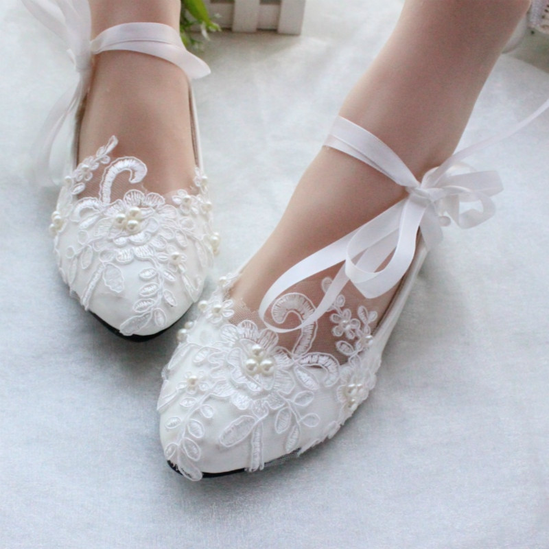 Flat Wedding Shoes For Bride
 Free shipping women white ivory lace pearls wedding shoes