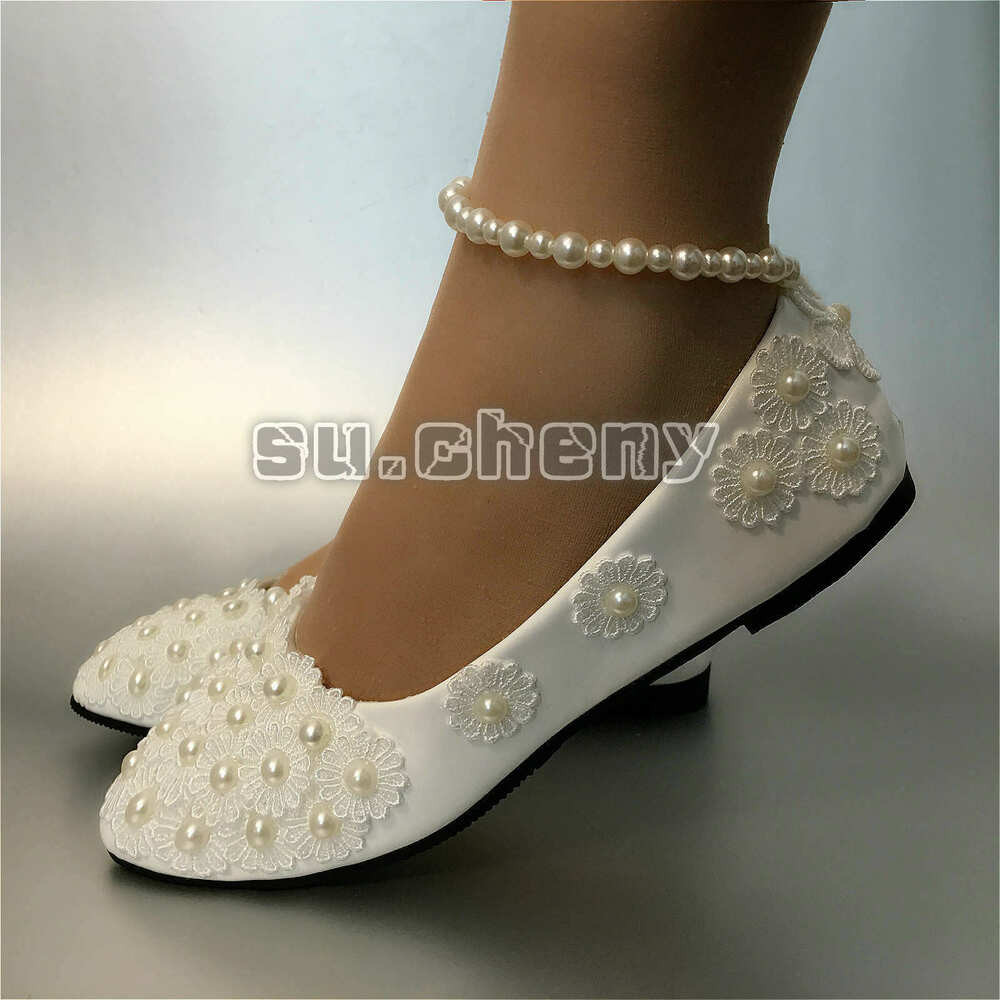 Flat Wedding Shoes For Bride
 White lace Wedding shoes pearls ankle trap Bridal flats