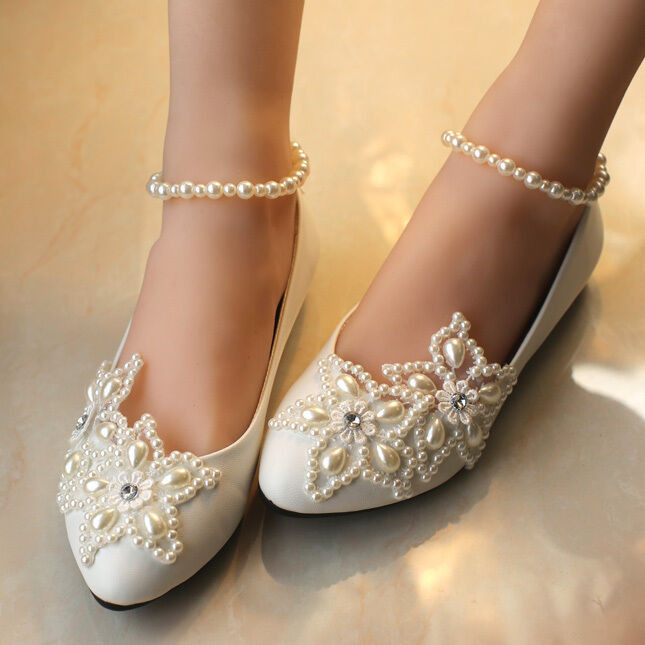 Flat Wedding Shoes For Bride
 Mary Janes Pearl Wedding Formal Party Evening Dress Flat