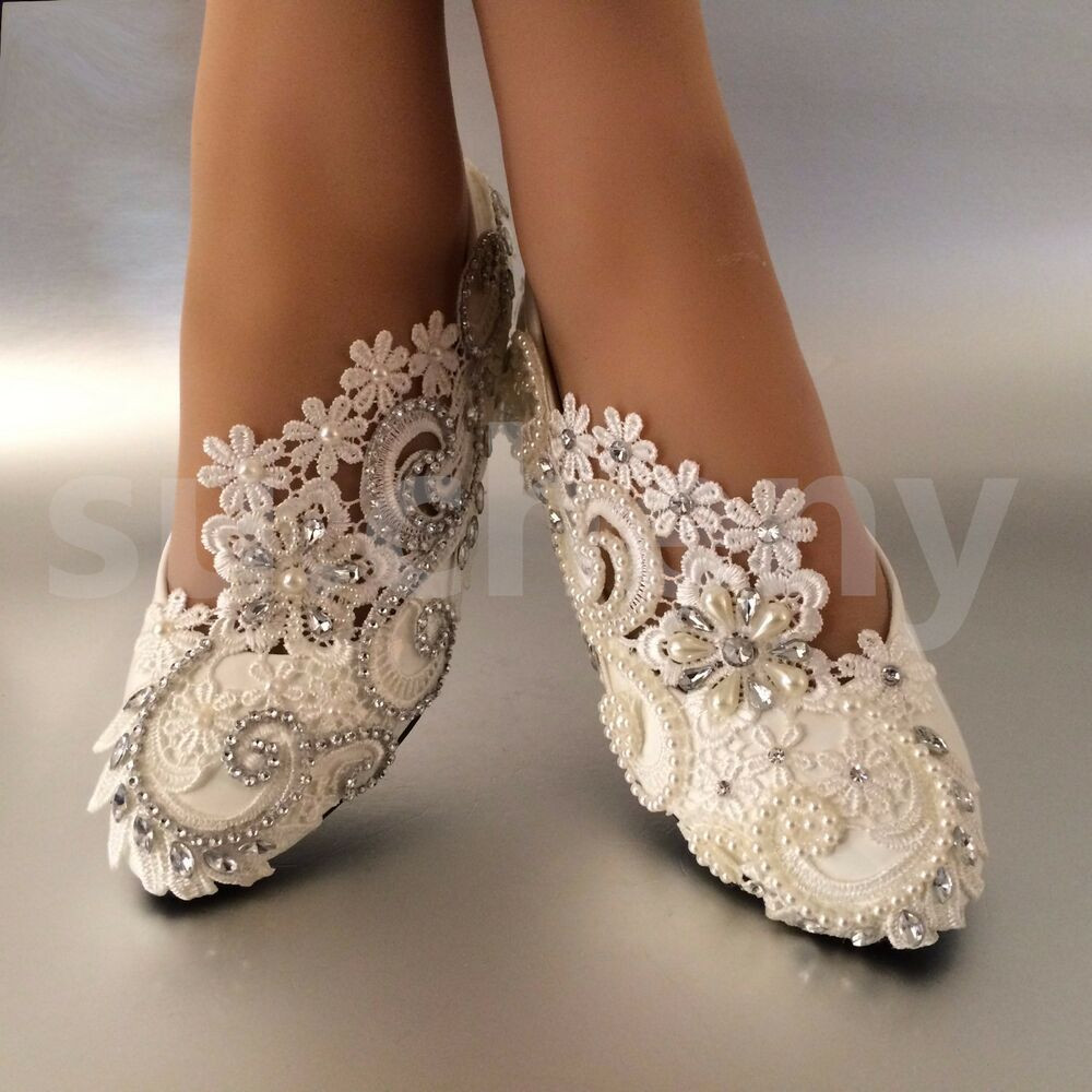 Flat Wedding Shoes For Bride
 White ivory pearls lace crystal Wedding shoes flat