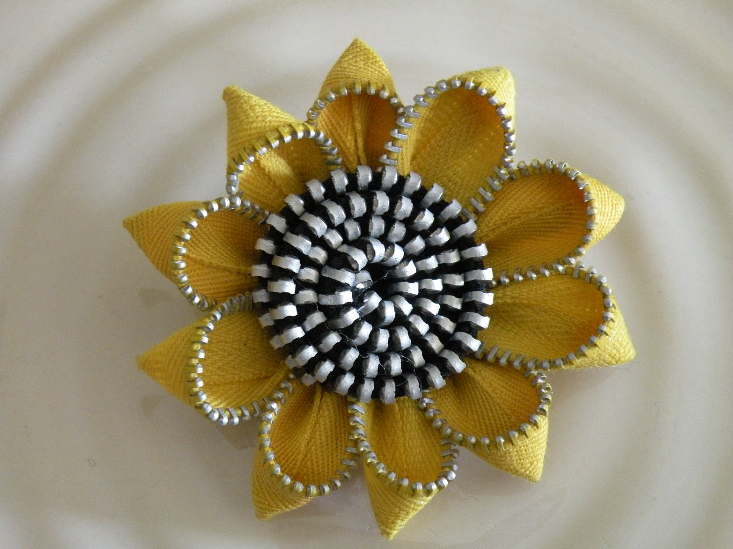 Flower Pins
 Sunflower Vintage Zipper Flower Brooch or Hair Clip by by