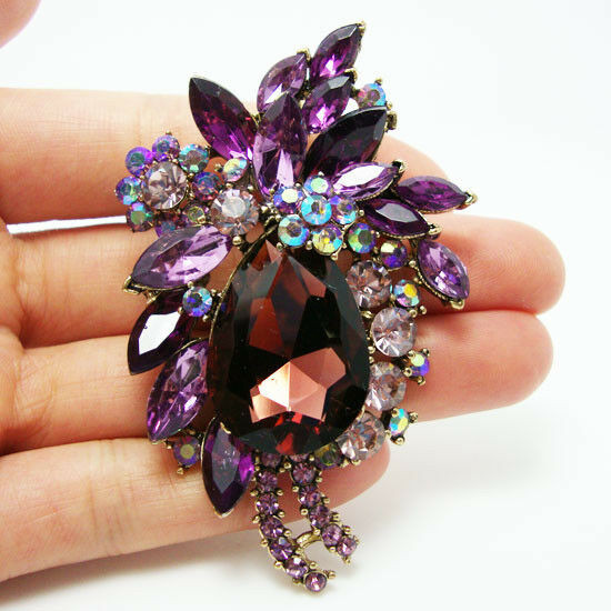 Flower Pins
 Vintage Style Flower Drop Brooch Pin Purple Rhinestone