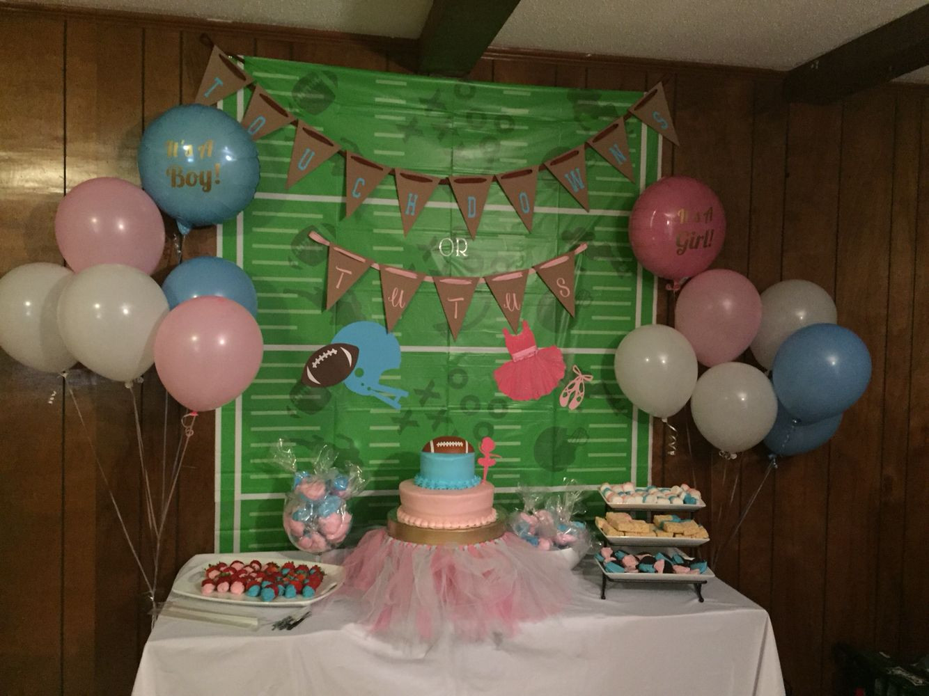Football Gender Reveal Party Ideas
 Touchdowns or Tutus sweets table