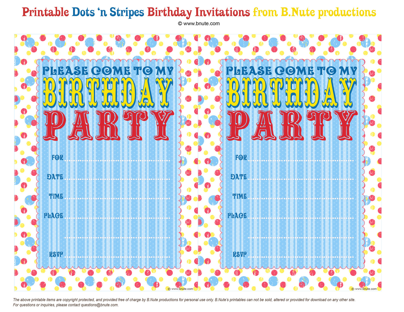 Free Printable Birthday Invitations
 bnute productions Free Printable Dots n Stripes Birthday