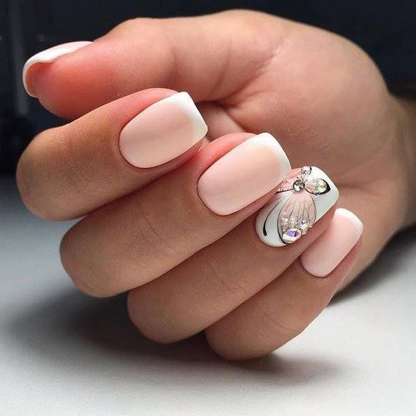 French Manicure Nail Art Designs
 perfect pink french manicure with butterfly and rinestones