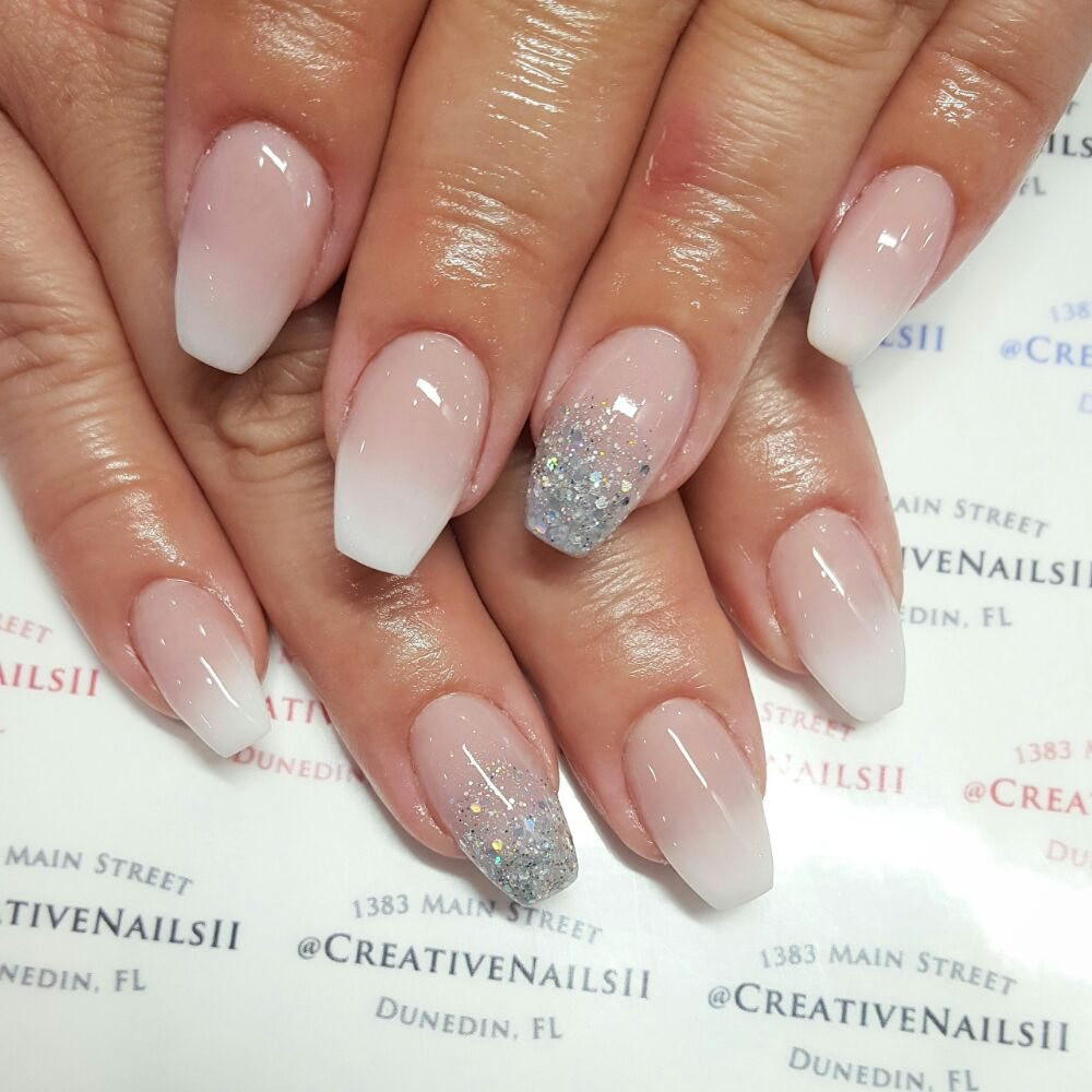 French Ombre Nails With Glitter
 Acrylic coffin shaped nails with acrylic French ombre