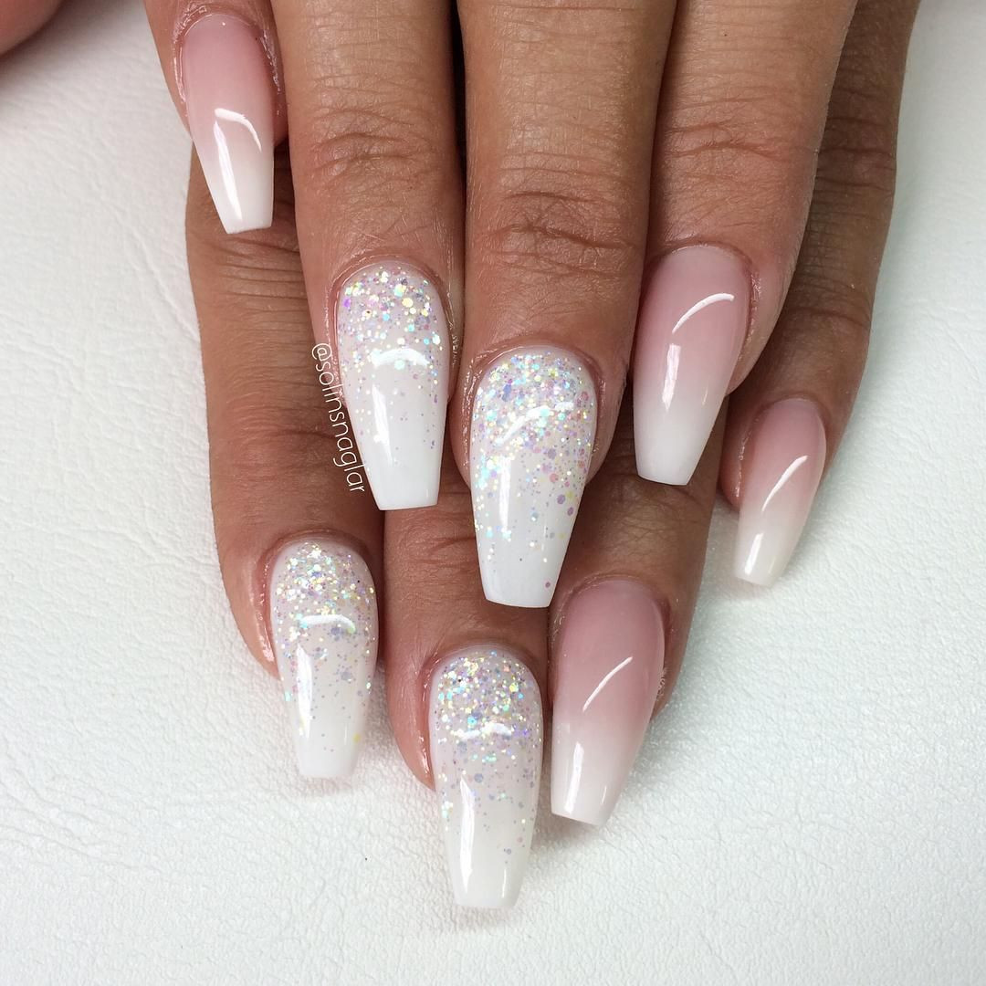 French Ombre Nails With Glitter
 French Ombre med vitt glitter Inspo reqmaria in 2019