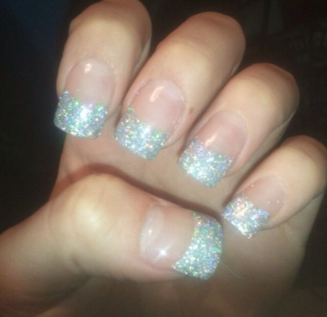 French Tip Acrylic Nails With Glitter
 Silver glitter French tip acrylic nails