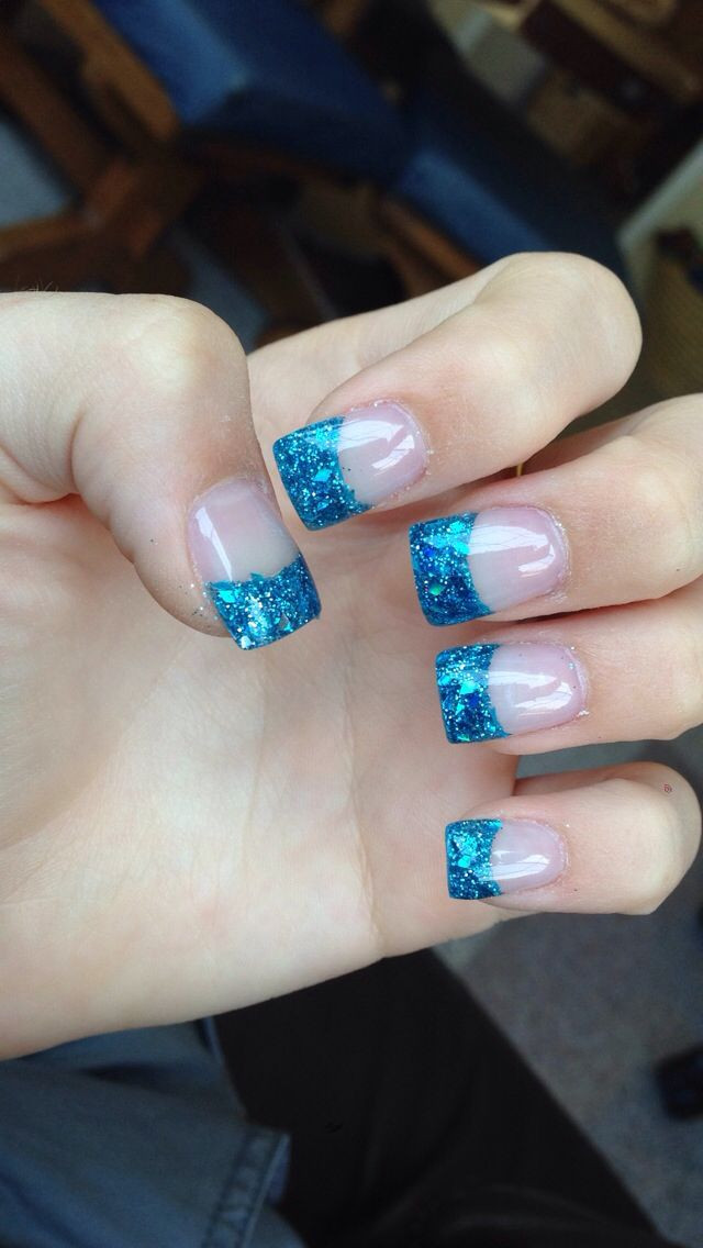French Tip Acrylic Nails With Glitter
 Blue sparkly French tip acrylic nails