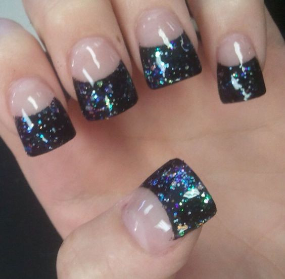 French Tip Acrylic Nails With Glitter
 Black with sparkly glitter acrylic French tips nails