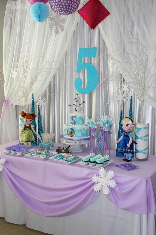 Frozen Decorations For Birthday Party
 Purple tablecloth Frozen Birthday Party Ideas