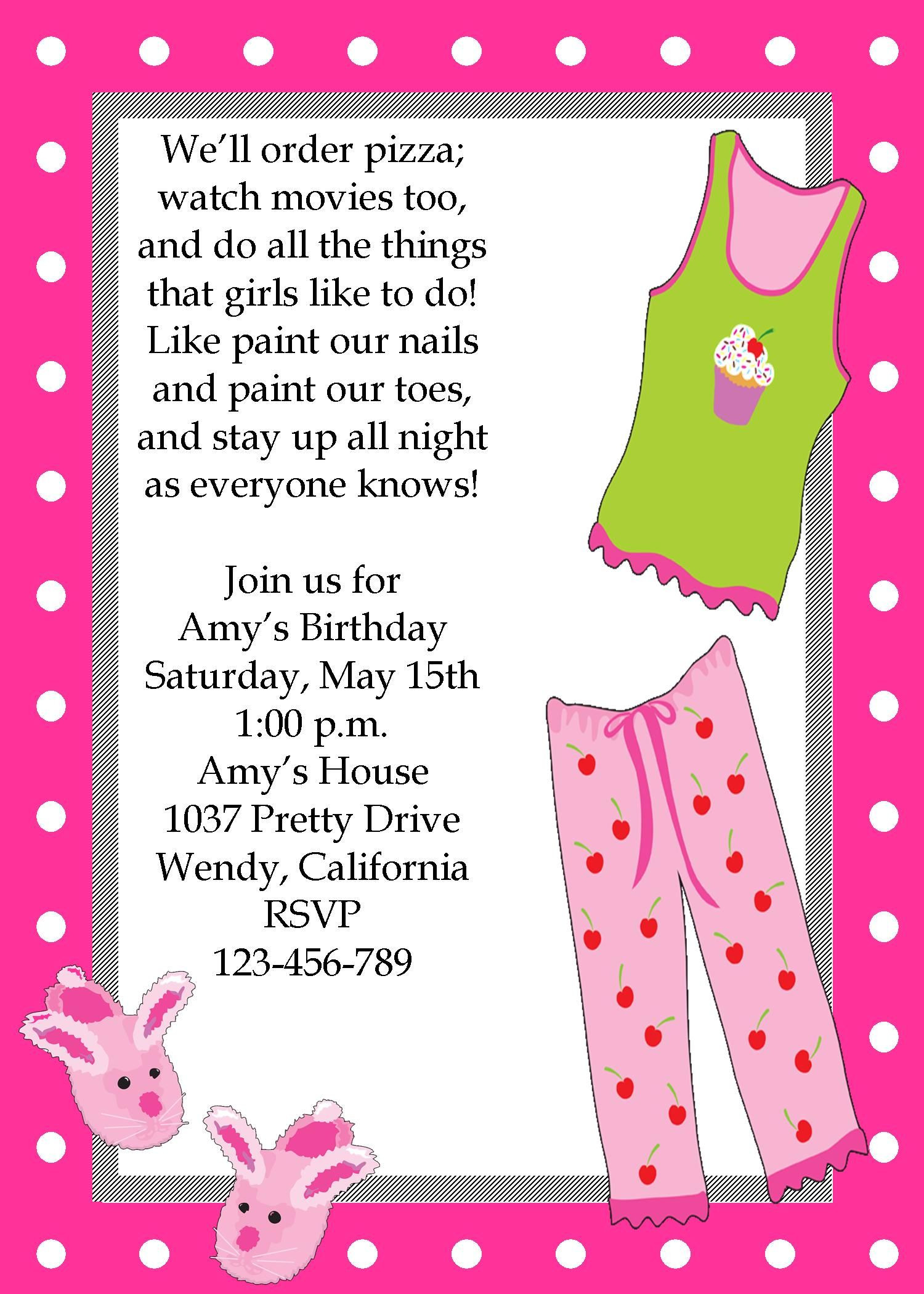 Fun Things To Do At A Birthday Party
 Girls sleepover pajama party invitation