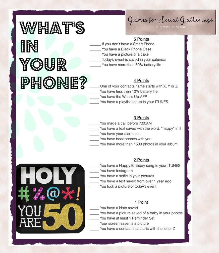Games For 50th Birthday Party
 50th Birthday Party Game Whats in your phone Birthday