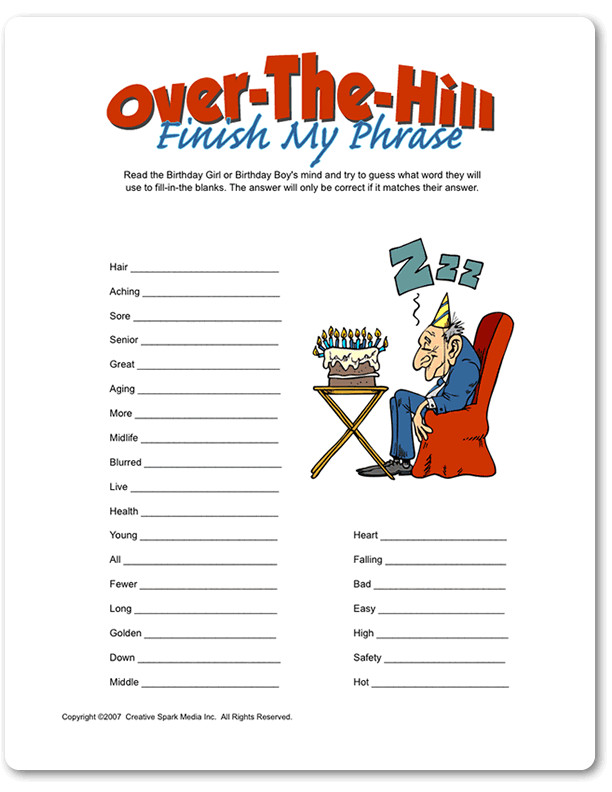 Games For 50th Birthday Party
 Printable Over The Hill Finish My Phrase Funsational