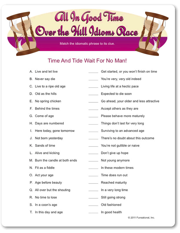 Games For 50th Birthday Party
 Printable All In Good Time Over The Hill Idioms Race in