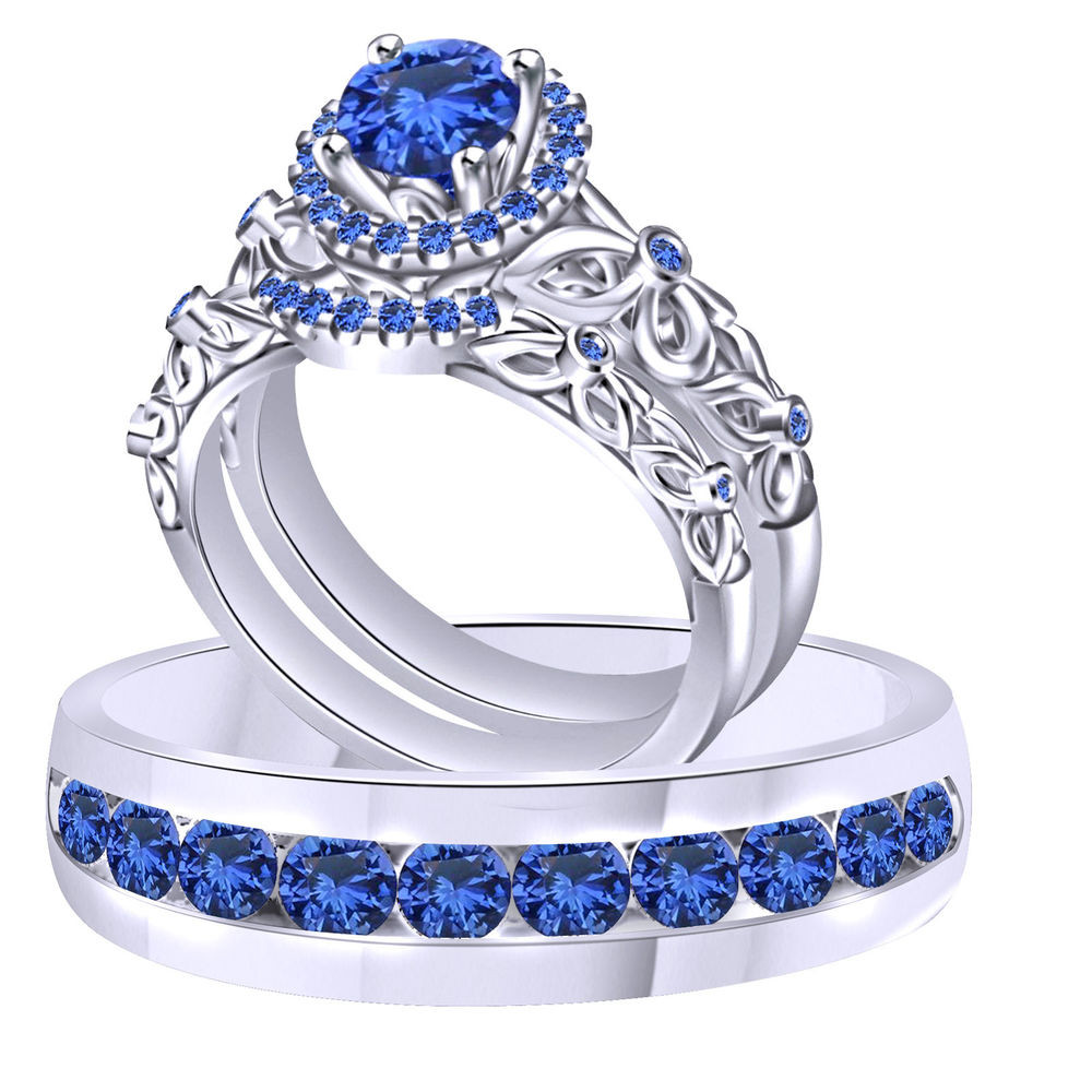 Gemstone Bridal Sets
 Blue Sapphire Trio Wedding Ring Band Set Solid 18K White