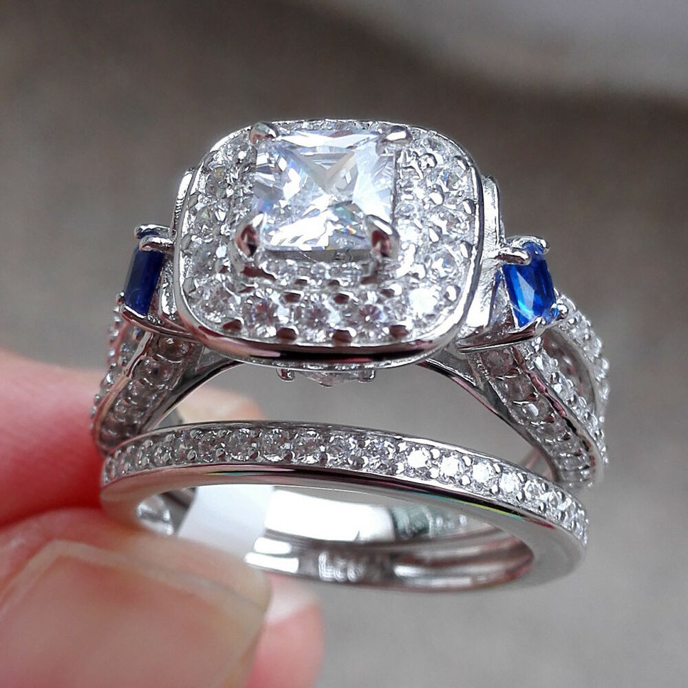 Gemstone Bridal Sets
 2ct Princess Blue Sapphire 925 Sterling Silver Engagement