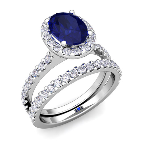 Gemstone Bridal Sets
 Halo Bridal Set Diamond Sapphire Engagement Ring 14k Gold