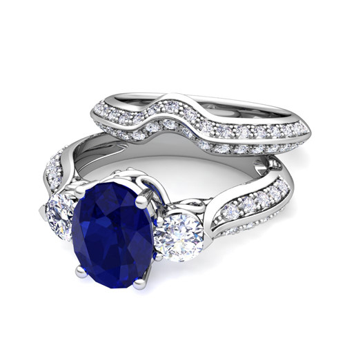 Gemstone Bridal Sets
 Vintage Diamond Sapphire Three Stone Ring Bridal Set 14k