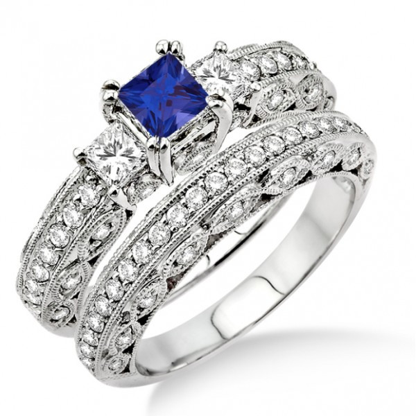Gemstone Bridal Sets
 2 Carat Sapphire and Diamond Antique Milgrain Trilogy