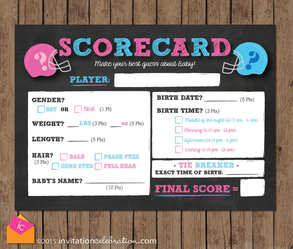 Gender Party Ideas Games
 Football Scorecard Baby Predictions Game Contest Gender