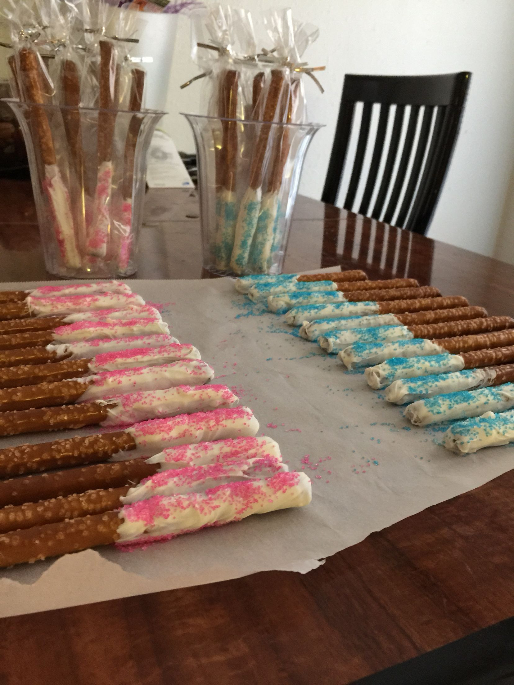 Gender Reveal Party Favor Ideas
 Gender Reveal party favors pretzel rods dipped in vanilla