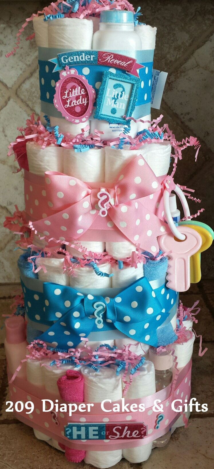 Gift Ideas For Baby Gender Reveal Party
 4 Tier Pink & Blue Gender Reveal Diaper Cake by 209 Diaper