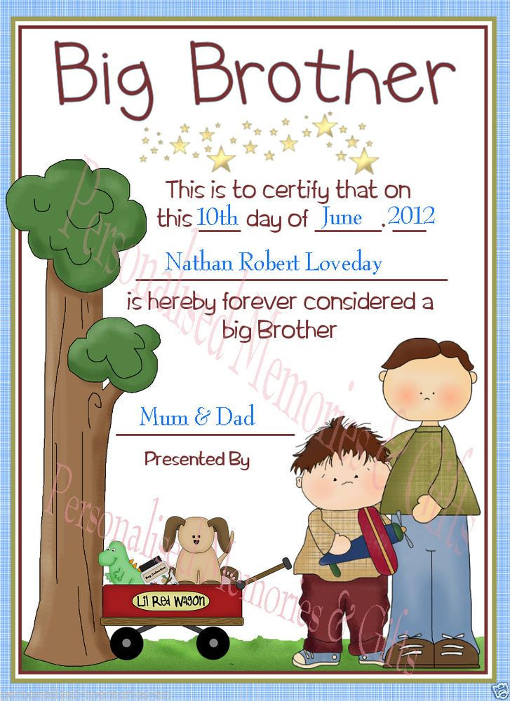 Gift Ideas For Siblings When Baby Is Born
 Big Brother Certificate Personalised Gift for Sibling