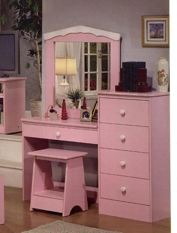 Girls Bedroom Vanities
 Princess Pink Finish Girls Kids Vanity Dresser with Mirror