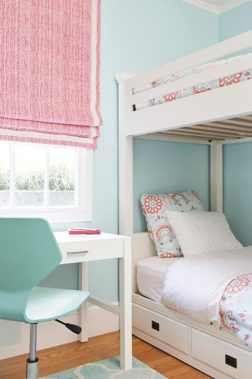 Girls Blue Bedroom
 Pink and Blue Girl Bedroom with White Bunk Beds