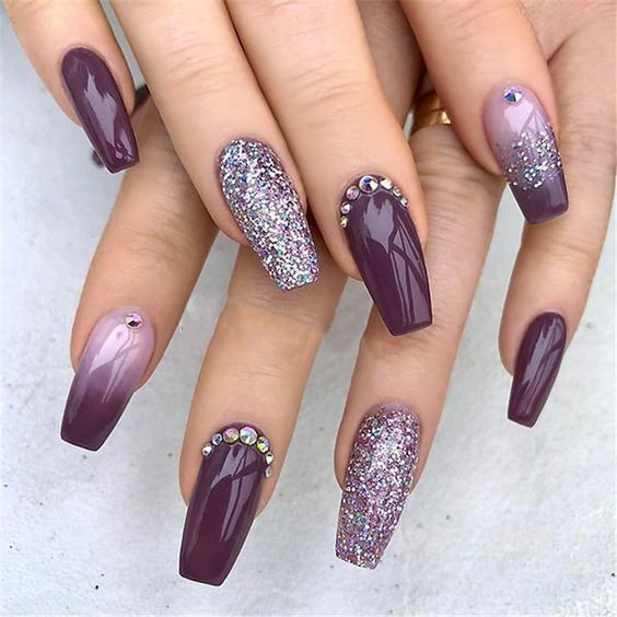 Glitter Coffin Nails
 64 Trendy Purple Nail Art Designs and Ideas You Have to