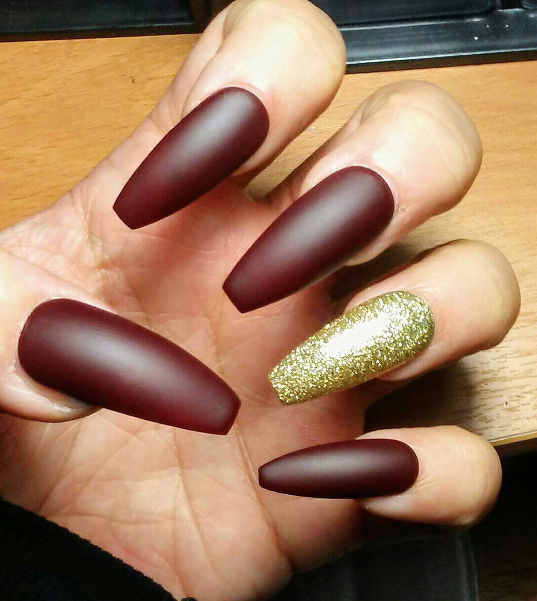 Glitter Coffin Nails
 Long Matte Coffin Nails Burgundy Maroon & Gold Glitter Red